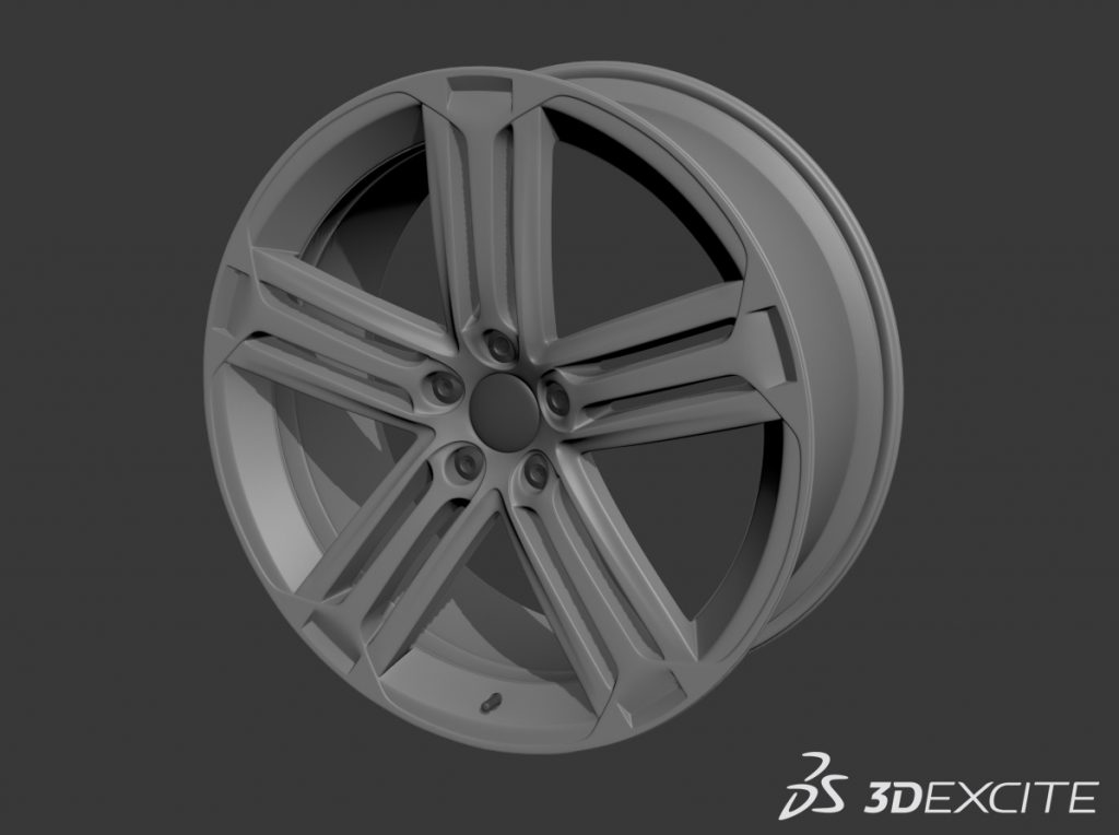 Untextured clay-render of a car alloy wheel rim with a five-spoke split-spoke design, 3DExcite project