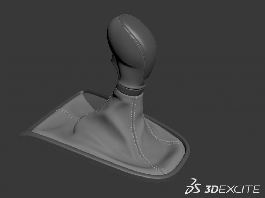 Untextured clay-render of a leather-wrapped car gear shift knob and boot with stitching detail, 3DExcite project