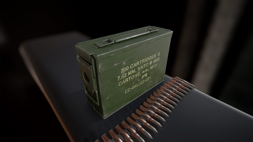 Green military ammo box labeled 200 Cartridges 7.62mm NATO M80 beside a belt of linked rifle cartridges, close-up angled view
