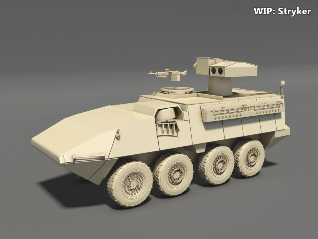 Untextured clay-render work-in-progress of an 8-wheeled Stryker armored vehicle with a mounted turret and machine gun