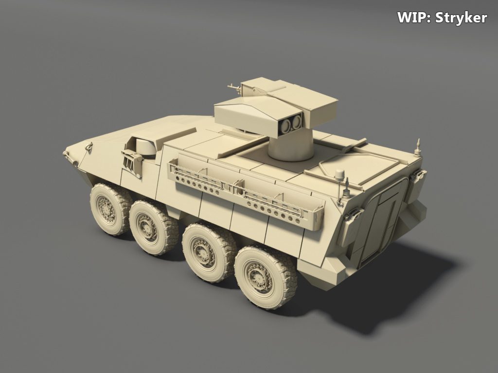 Alternate three-quarter angle of the work-in-progress Stryker armored vehicle model showing its roof turret