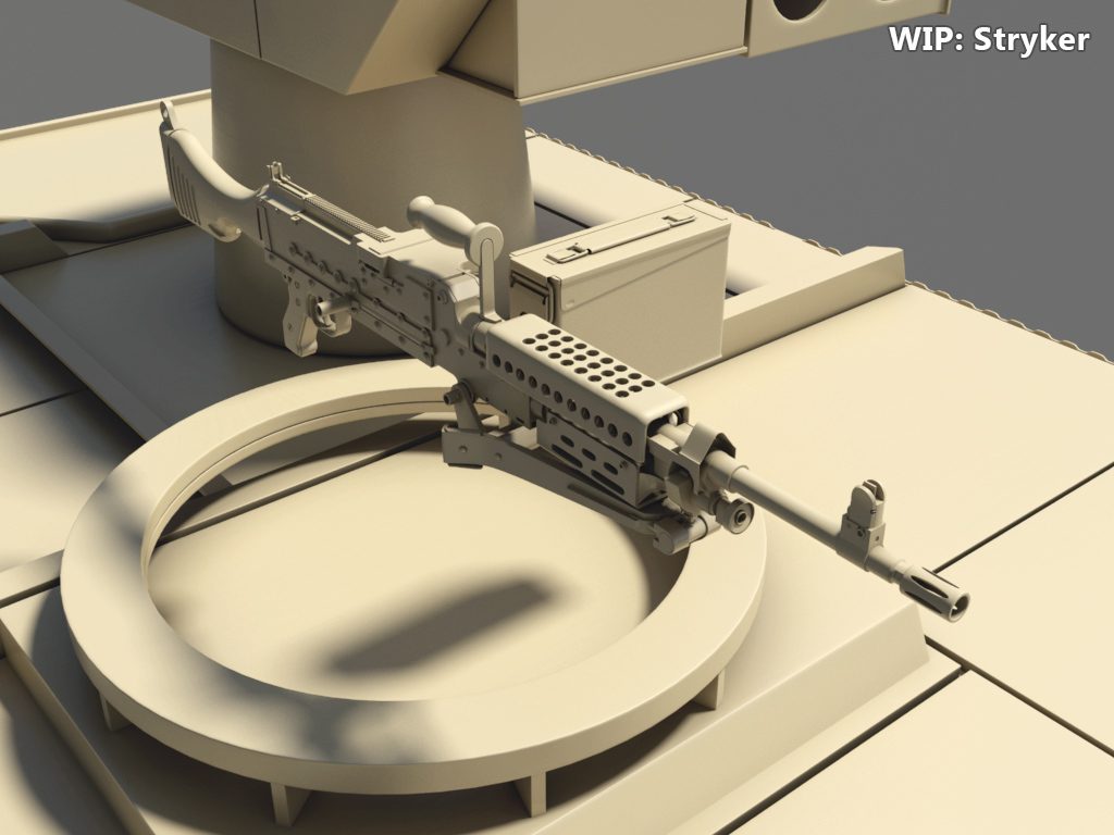 Close-up work-in-progress render of the Stryker's roof-mounted machine gun turret ring