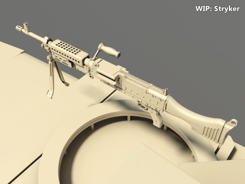Front-angle work-in-progress render of the Stryker's mounted machine gun on its turret ring