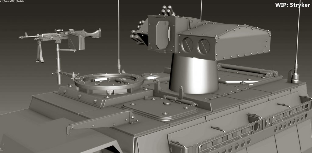 Software viewport render of the Stryker's rooftop turret and sensor housing with bolted panel detail