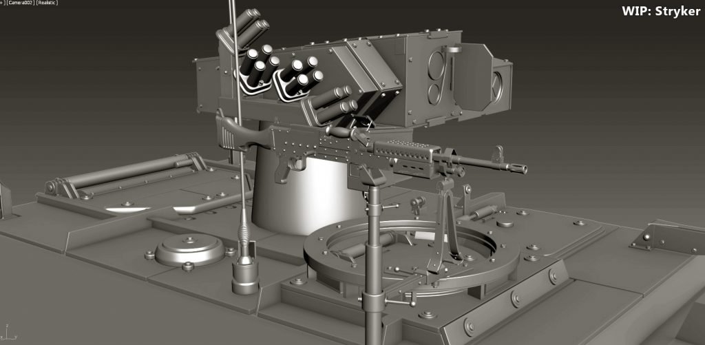 Software viewport render of the Stryker's remote weapon station with smoke grenade launchers and machine gun