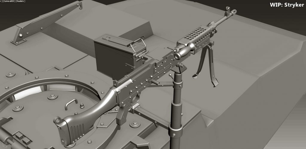 Software viewport render of the Stryker's mounted machine gun and ammo box in grey-shaded work-in-progress detail