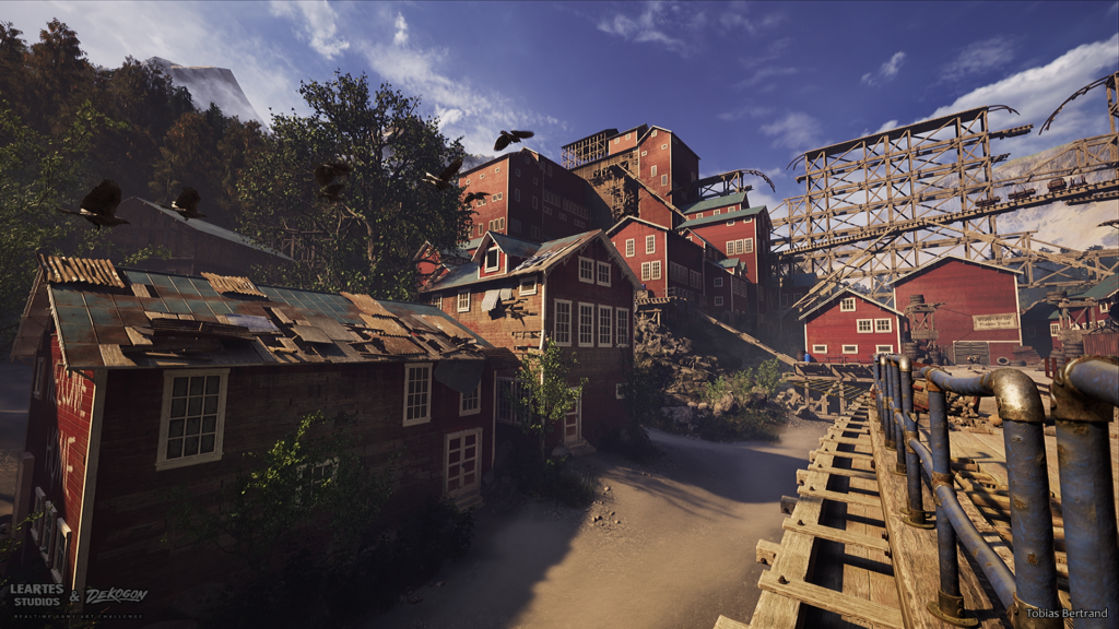 Elevated view of the mining town's red timber buildings and ore tower with crows flying past, seen from a wooden footbridge with pipe railings
