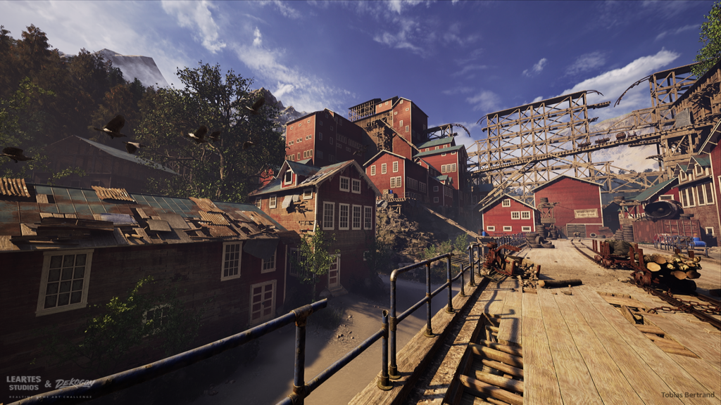 Wide view of the mining complex's ore-processing buildings and timber trestle bridge from a raised wooden walkway, with scattered debris and crows overhead