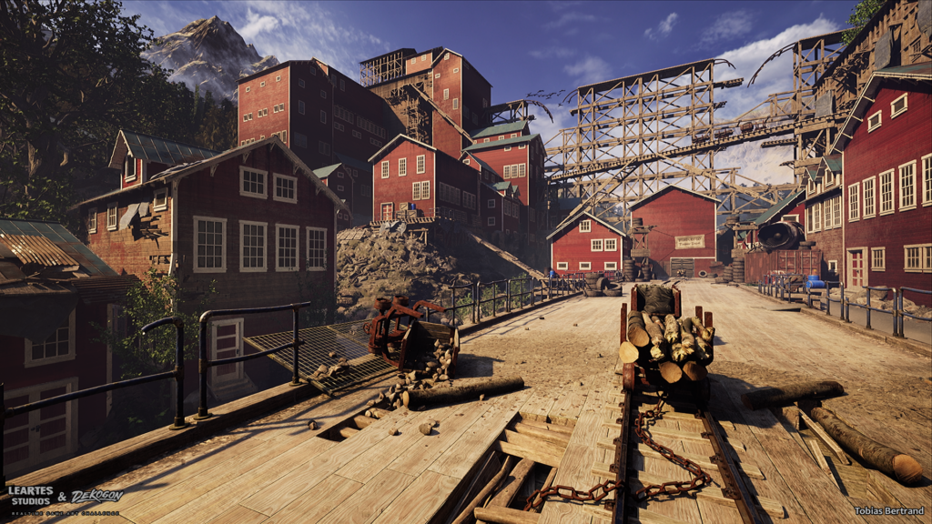 Ore cart loaded with logs on a rail track leading toward the mining town's timber tower and trestle bridge, with mountains in the background
