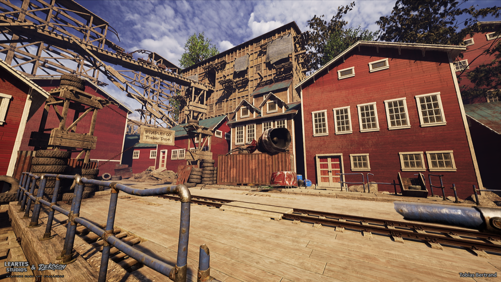 Bradley Co. Timber Dept. building with a wooden ore chute and hopper structure overhead, stacked tires and mining machinery in the yard